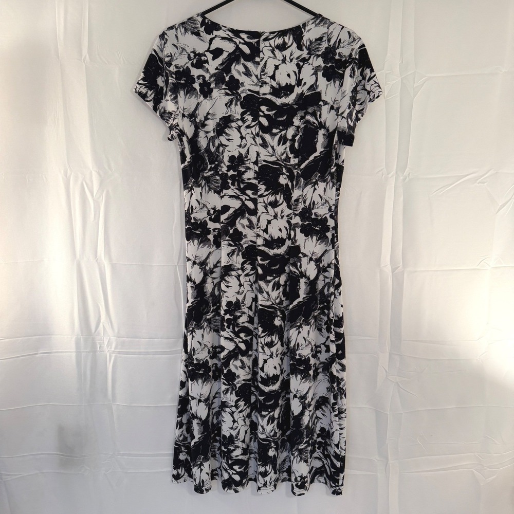 Connected Apparel Womens Floral Faux Wrap Dress Black White V-Neck Size 10 - Picture 3 of 10